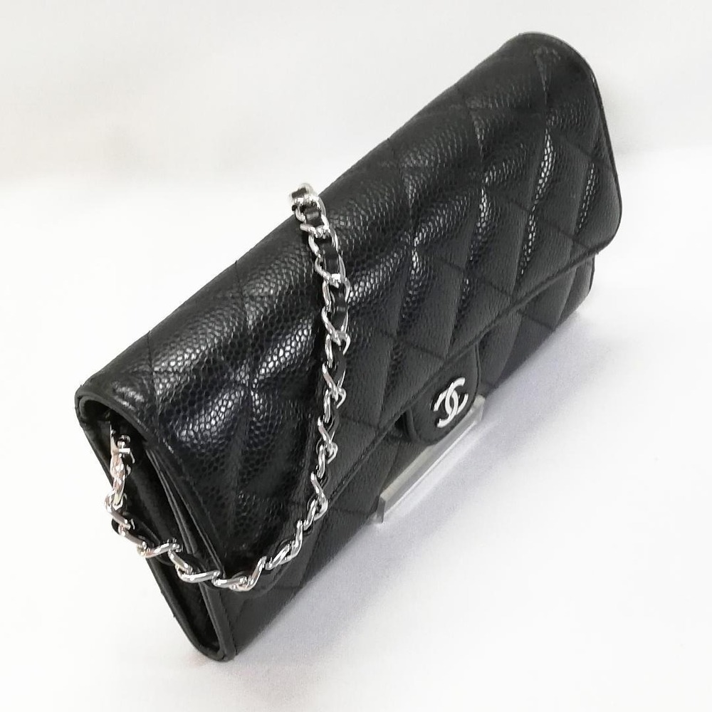 CHANEL Caviar Skin Matelasse Long Wallet Black Chain Shoulder